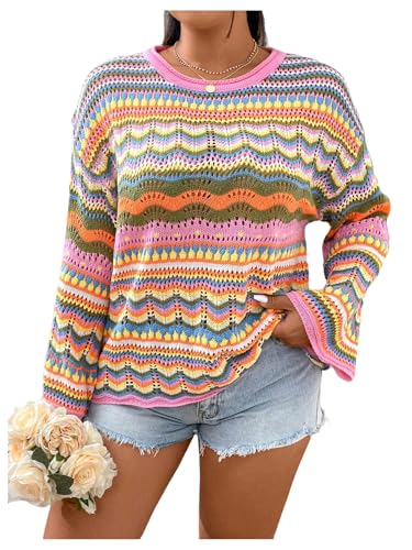 Women's Plus Size Striped Crochet Sweater Long Bell Sleeve Hollow Out Lightweight Sweater Loose Pullover Knit Top