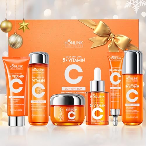 Glown 6-Piece Hydrating Skincare Set with 5X Vitamin C & Niacinamide Collagen,HONLINK Face Care Kit Includes Toner, Faical Serum,Cleanser,Moisturizer, Eye Cream & Body Lotion | Unique Gift for Women