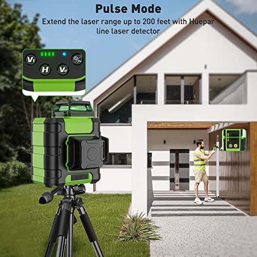 Image of Huepar Laser Level 360, Self Leveling Rechargeable Green Beam 3D Cross Line Laser Level with with 12 Feet Telescoping Pole 3 x 360 Level Laser Tool with Pulse Mode, Magnetic Bracket - HM03CG & LP36