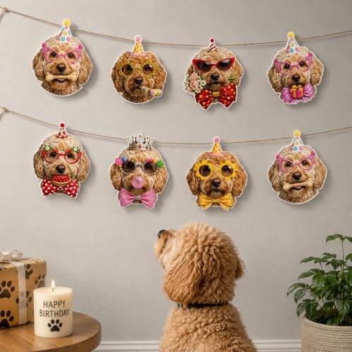 Image of Goldendoodle Birthday Banner, Dog Party Decorations Garland Doodle Gifts | 8 Unique Doodle Faces, Pre-Strung, Easy to Hang