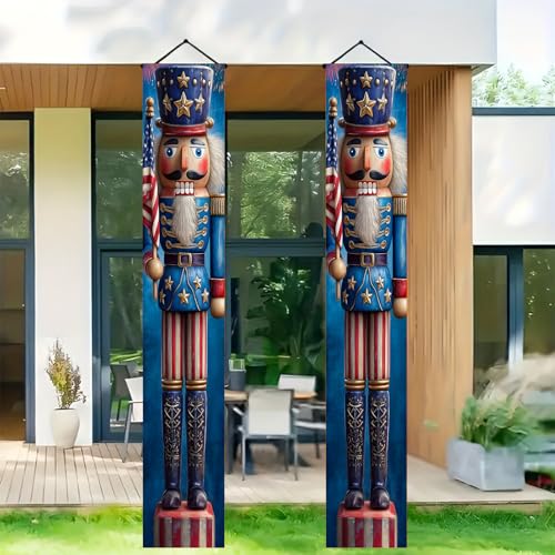 Image of BlissYard Patriotic Nutcracker Door Banner July 4th Hanging Banner Nutcracker Decor for Independence Day Porch Banner Memorial Day Door Cover for Front Porch Wall Patriotic Decorations 12x72 Inch