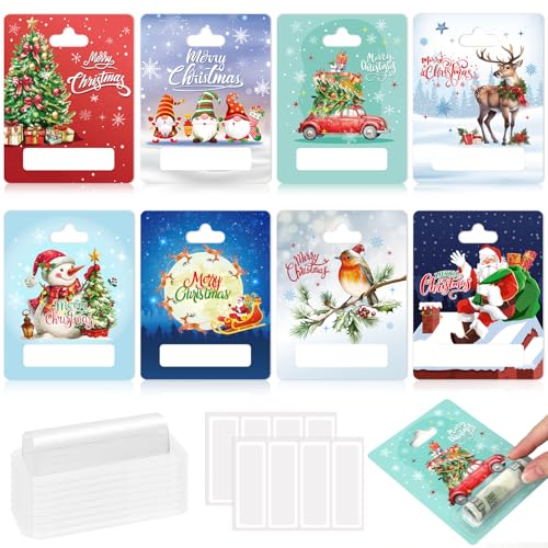 DPKOW Juego de 8 Tarjetas de Dinero Navideñas, Monedero Navideño, Decoración de Regalo de Dinero Navideño en Efectivo, Soporte para Clip de Dinero Navideño, con Cubierta de Plástico y Adhesivo