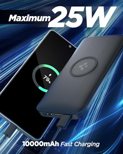 Image of Spigen 2-in-1 10000mAh Wireless Charging Power Bank, Total 25W Fast Charging Compatible with Charging Dock, Anti-Slip Ring (Non-MAGSAFE), Included Type-C to C Cable (Pogo Pin Ver.) - Black