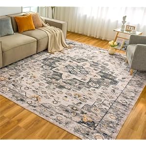 OIGAE Machine Washable Area Rug for Living Room Bedroom Farmhouse Home/Office Decor, 5×7 Carpet Vintage Boho Style Ultra-Soft with Non-Slip Backing, 0.26In Thick, Grey