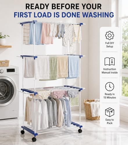 Image of FLIPZON Premium 3 Tier Flexri Cloth Drying Stand with Wheels | Alloy Steel Laundry Rack for Indoor & Outdoor Use | Heavy Duty Multi Layer Stand for Family Laundry (Blue & White)