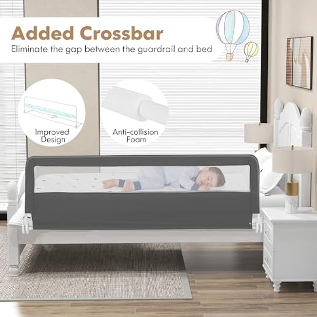 BABY JOY Bed Rails for Toddlers, 71'' Extra Long, Swing Down Bed Guard w/Safety Strap, Folding Baby Bedrail for Kids Twin, Double, Full Size Queen & King Mattress (71-Inch, Gray)
