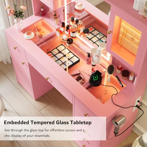 Image of iPormis Vanity Desk with Mirror and Lights, Glass Top Makeup Vanity with RGB Light and Power Outlet, Dressing Table Mirror with 3 Lighting Colors, 7 Drawers, 3 Cabinets, Pink Vanity for Bedroom
