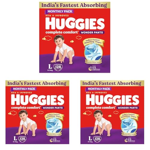 Image of Huggies Complete Comfort Wonder Pants | Pant Style Baby Diapers Large Size (L), 128 Count | India's Fastest Absorbing Diaper, Patented Dry Xpert Channel, Ideal for 9 to 14 Kgs (64 Count, Pack of 6)