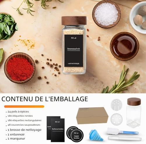 Five Stars® Lot de 24 pots à épices carrés en verre avec couvercle en acacia - 2 types de pâtes à saupoudrer - Pots à épices - Kit complet comprenant des autocollants, un stylo à craie, un entonnoir – vue 7