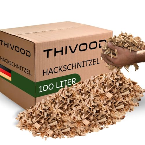 THIVOOD Hackschnitzel 100 Liter für den Garten - Ideal für Hackschnitzelheizung und als Anzünder - trockene Kiefer Holzhackschnitzel - Rindenmulch-Ersatz für Spielplatz, Gartenwege und Beete