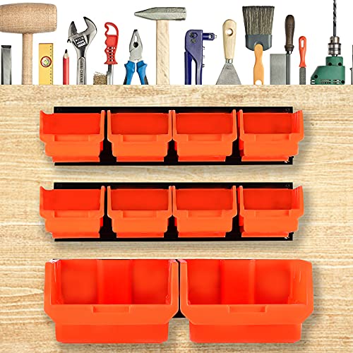 Image of Wallmaster Wall Mounted Storage Bins, Wall Storage Bins Parts Rack 10 Bins&3 Rails Wall Mount Tool Organizer Hardware Storage Organizer (Orange)