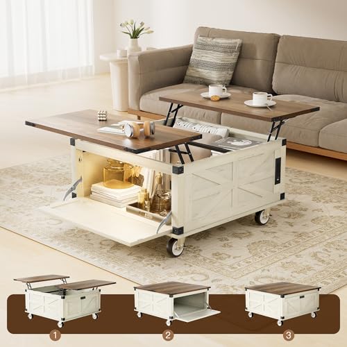EFQHADK 36''Double-Sided Lift Top Coffee Table- Living Room Farmhouse Coffee Table with Storage- Large Square Wood Center Table with Lockable Wheels&Led, Convertible for Game/Movie/Dinning (White)