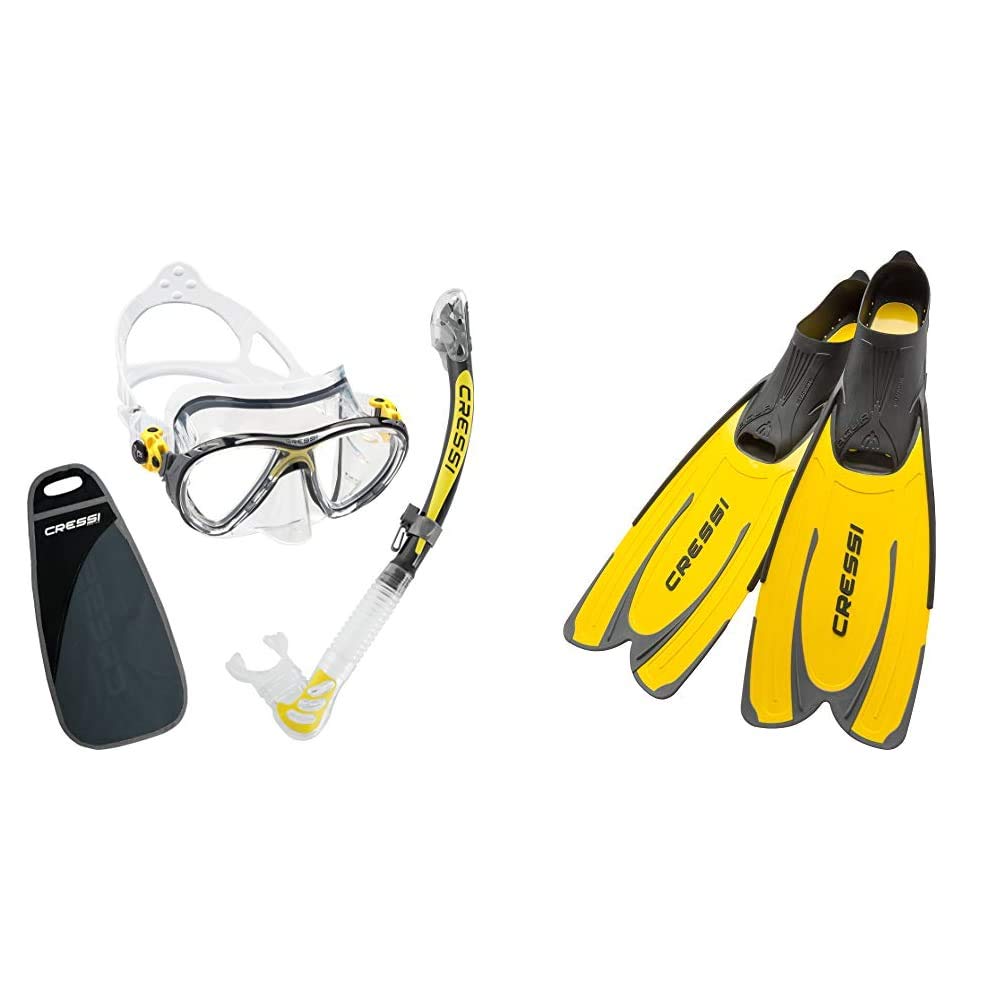 Cressi Big Eyes Evo Alpha Ultra Dry Schnorchelset Schnorcheln Set mit Schnorchel und Taucherbrille wasserdichte Tauchmaske & Agua - Unisex Premium Flossen Self Adjusting zum Tauchen, Gelb, 43/44