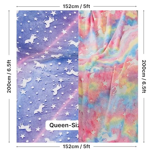 Image of Famyo Glow in The Dark Flannel Fleece Winter Blanket Combo 200x152 cm | Soft cozy double /queen size blanket with unicorn pink & purple design, warm all-season throw for kids, bedroom & gifting