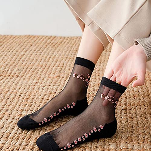 5 Pairs Women Sheer Socks Thin Summer Socks Liners Lace Tulle Ankle Transparent Cute Cuff Socks (One Size Fits All, 5 Pairs Black Sheer Floral 1) #TOP4