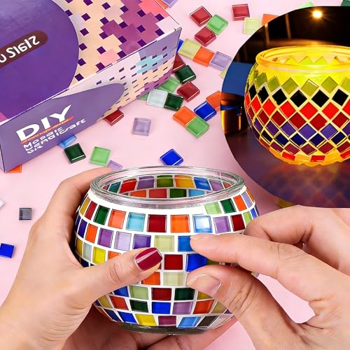 Mosaik Bastelset für Kinder, Kreatives Glasmosaik-Kerzenhalter-Kit für Mädchen Jungen,Bastelset Erwachsene Teelichthalter für Zuhause, Beleuchtung, Dekoration, Handgemachte Kunstwerk Kinder Geschenke