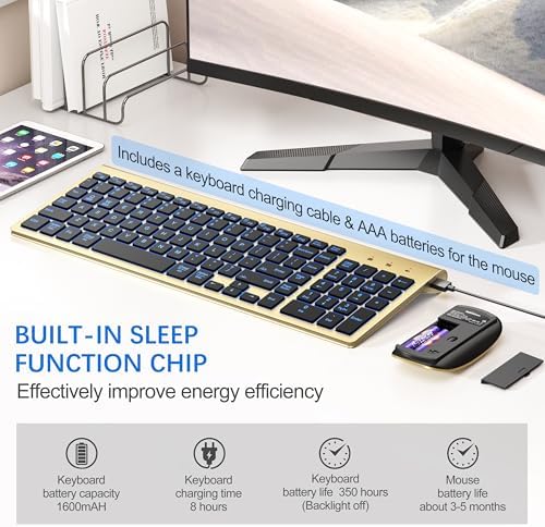 Wireless Backlit Keyboard and Mouse Ultra Slim Combo, TopMate 2.4G Silent Compact 2400DPI Mouse and Scissor Switch Keyboard Set, Batteries Included, for PC/Laptop/Windows/Mac/Gaming - BL Gold Black — view 4