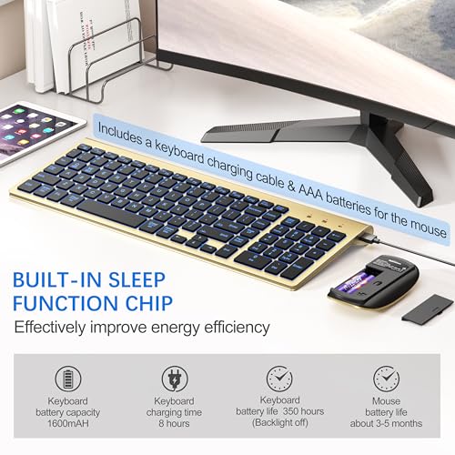 Image of Wireless Backlit Keyboard and Mouse Ultra Slim Combo, TopMate 2.4G Silent Compact 2400DPI Mouse and Scissor Switch Keyboard Set, Batteries Included, for PC /Laptop /Windows /Mac /Gaming - BL Gold Black