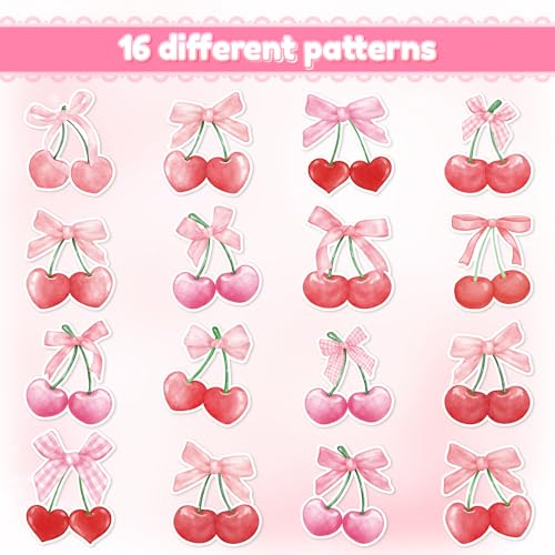 Image of 1000pcs Pink Bow Cherry Coquette Sticker Roll (2 Rolls), Watercolor Aesthetic Fruit Decorative Decals, Red & Pink Cherry with Bow Self-Adhesive Stickers for Water Bottle Scrapbook Decor