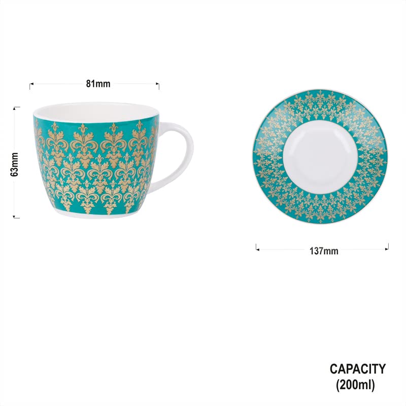Image of Dandy Lines Royal Cups and Saucers Set, Persian Blue with Pure Gold, Ceramic, Pack of 12, Microwave & Dishwasher Safe, Great for Hosting & Gifting