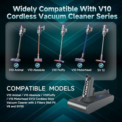 Image of EGR 8000mAh Battery Replacement Compatible with Dyson V10 Series | 25.2V Li-ion Battery for V10 Animal /Absolute /Fluffy /Motorhead SV12 Cordless Stick Vacuum Cleaner with 2 Filters