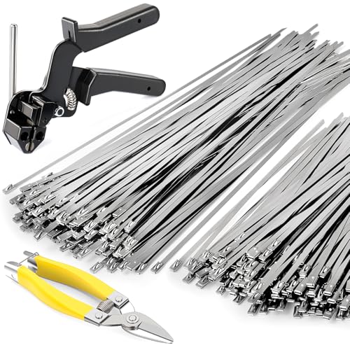Stainless Steel Cable Tie Gun Kit with 200 Metal Zip Ties (2 Sizes) and Tensioning & Cutting Tool, for Garden & Farm Fencing, Chicken Coop and Yard Privacy Fence Reinforcement or Repair