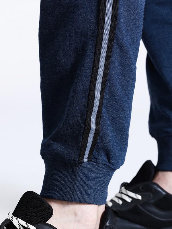 Image of CROCODILE Men Solid French Terry Joggers | Classic Fit | Mid Rise | Drawstring Closure | Ankle Length | Casual Wear Navy Melange