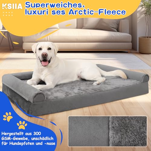 KSIIA Hundebett Grosse Hunde, Orthopädisches Hundebetten 111x81x18cm Hundesofa Bezug abnehmbar waschbar, XL Hundekorb mit DREI erhöhte Ränder, Hundecouch rutschfeste Unterseite, Grau
