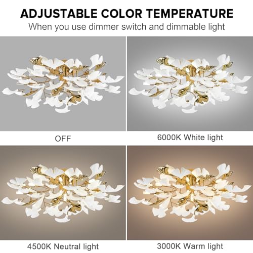 Image of Tree Branch Chandelier Ceiling Light, Modern Gold Ceramic Ginkgo Leaf Chandeliers Brass Flush Mount Chandelier Light Fixture for Kitchen Living Room Dining Room, 31.5 inch Ceiling Light Fixture