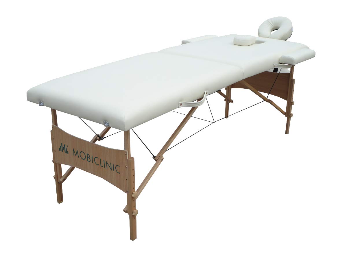Mobiclinic®, Lettino Massaggi, Light, Marchio Europeo, Massaggio, Flessibile, Per fisioterapia, Pieghevole, Appoggiatesta, Portatile, Legno, 186x60 cm, Color crema