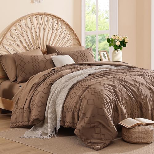 Image of AMBERSPACE King Size Comforter Set Brown, Tufted Geometric Boho Bedding Farmhouse Bed Set, All Season 7 Pieces Bed in a Bag with Sheets, Pillowcases & Shams