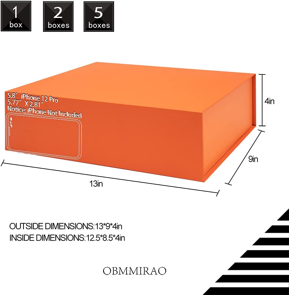 Upgrade 2PCS 13x9x4 Inch Orange Hard Large Gift Box with Lid, Foldable Magnetic Gift Boxes,Groomsman Box bridesmaid proposal box, Reusable Gift Boxes for Clothes