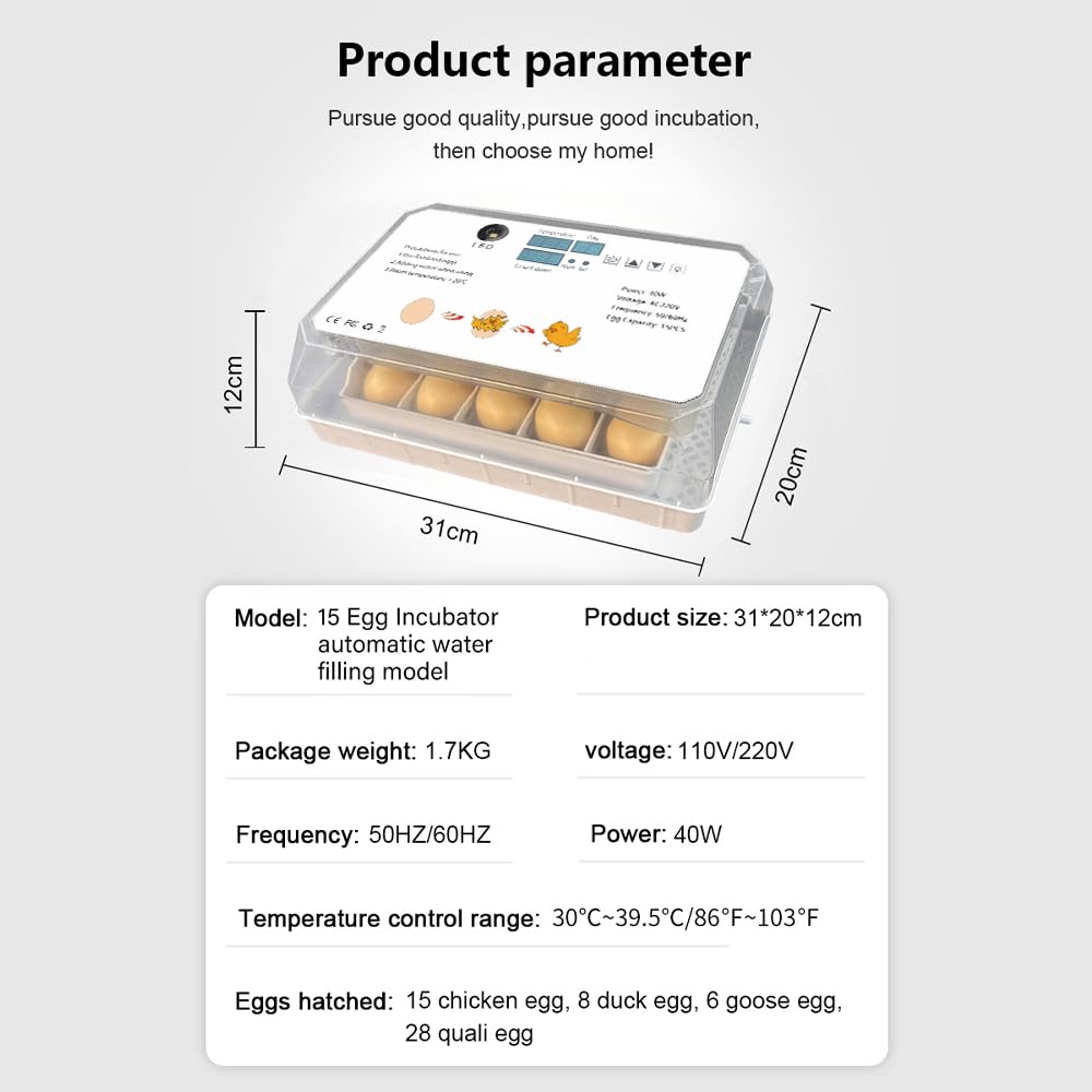 Añadir agua automáticamente 15 huevos de pollo pequeño incubadora de huevo con bandeja de huevo ajustable para la venta
