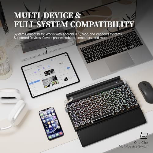 Image of 7KEYS Typewriter Keyboard Wireless Retro Style, Vintage Classical Mechanical Keyboard with Bluetooth for IPAD PC /Laptop Mac /Phone (Black+Wrist)