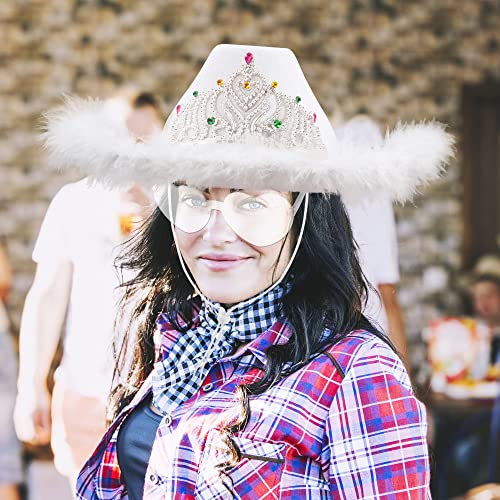 Sgbetter 4 Pack Cowboy Hat Crown And Feather Cowgirl Hat With 4 Pack Heart Shaped Sunglasses Set For Women Girls Cowboy Party(White) #TOP6