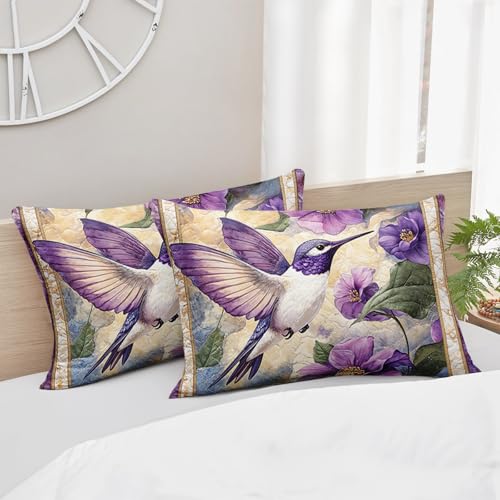 Image of AILONEN Purple Flower Hummingbird Comforter Set Queen Size,Boho Exotic Hummingbird Bedding Set for Girls Women,Beautiful Bird Print Comforter with 2 Pillowcases,3 Pieces