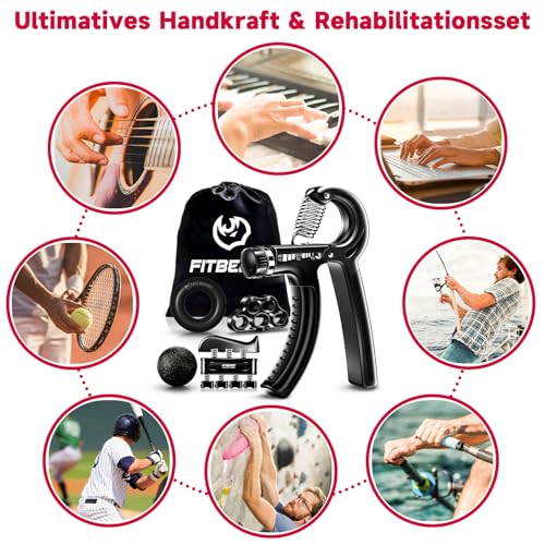 FitBeast Hand Grip Musculation Avant Bras - Pack de 5, Poignet Musculation Ajustable, Grip Musculation Main, Étireur de Doigts, Anneau d'exercice et Balle Anti-Stress