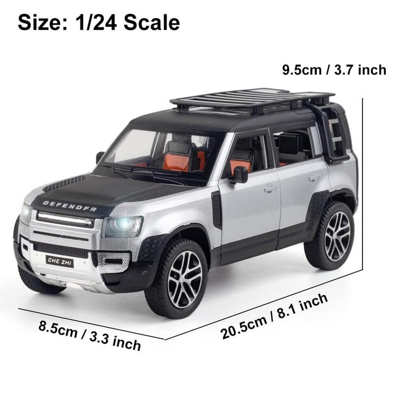 Image of Kids Model 1:24 Land Rover Defender Die Cast Metal Car Pull Back Action Opening Doors with Realistic Engine Sound Lights Toy Car Gift for Boys - Silver