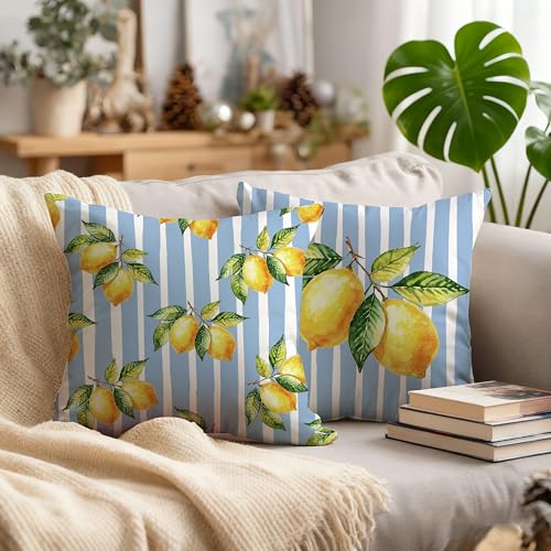 Image of Summer Blue and Yellow Italian Mediterranean Amalfi Coast Lemon Pillow Cover Decor 18x18,Italian Striped Decorative Throw Pillow Cover Decor for Couch Double-Sided Set of 2
