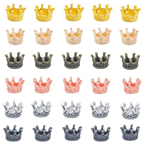 JFangZHZH Mini Coronas Doradas 30 Piezas 6 Colores 3D Encantos de Corona de Aleación,Mini Coronas Doradas Orificiopara DIY Joyería Artesanía Decoración Manualidades 10x7 mm