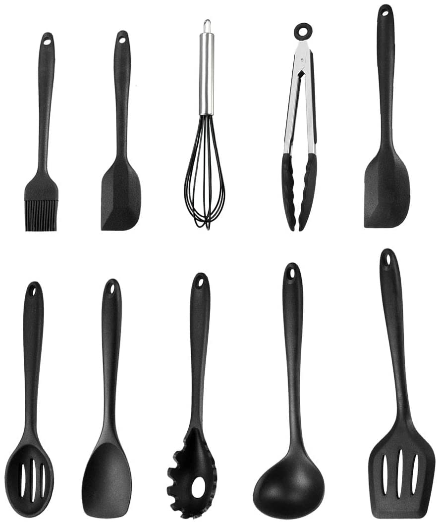 Ensemble d'ustensiles de cuisine silicone noir 10 en 1 pour accessoires de cuisine