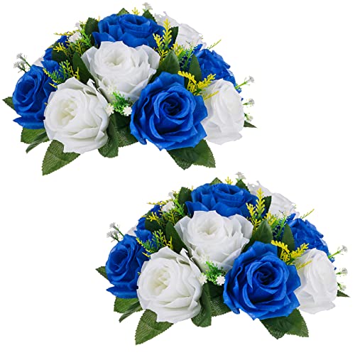 NUPTIO Artificial Flower Ball Centrepieces: 2 Pcs Royal Blue & White Fake Flowers Roses Balls 24cm Diameter for Centerpiece Faux Silk Rose Arrangements for Wedding Reception Party Table Decorations