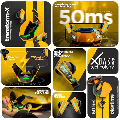 Image of Nu Republic Transform-X with X-Bass, ENC Technology, 60 Hrs Playtime, TWS with Mic and Hall Sensor, Fast Charge, Dual Mode TWS Earbuds - Yellow