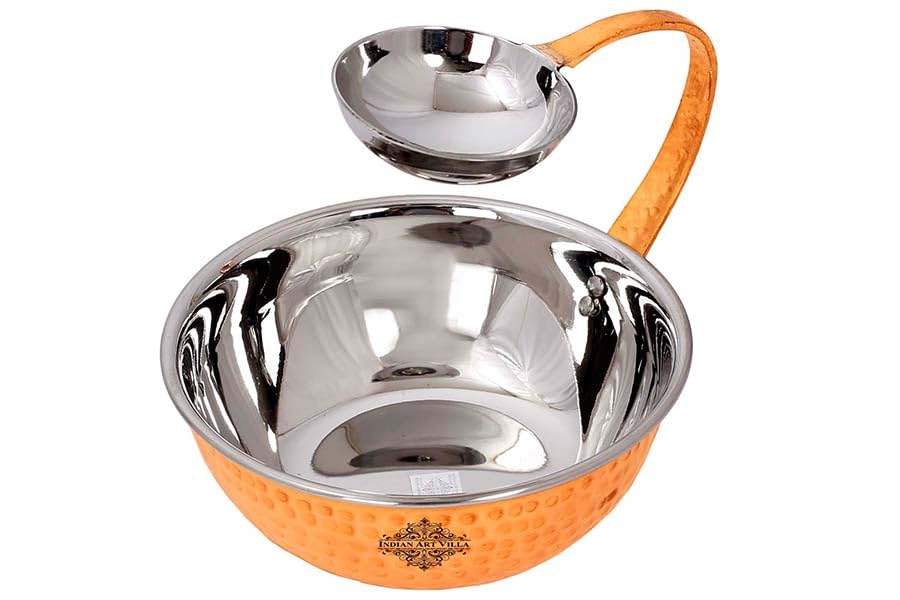 Indian Art Villa Steel Copper Bowl with Attach dip Bowl, Serveware & Tableware, Width- 6 Inches