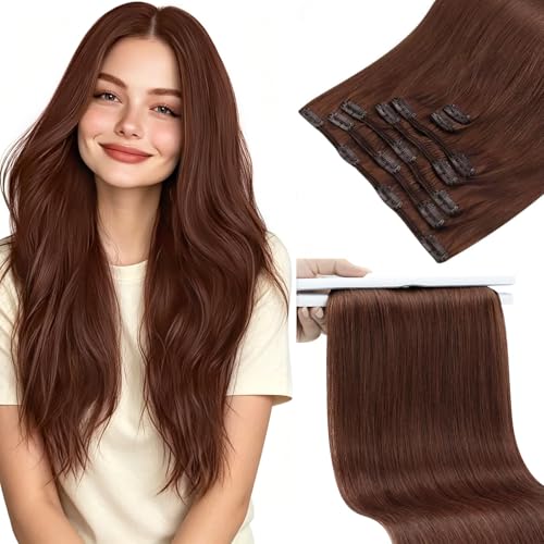 Image of Sunny Hair Clip in Hair Extensions Real Human Hair Auburn Reddish Brown | Human Hair Clip in Extensions 20inch 135g, Add Fuller and Thicker Hair, Easy to Style for Party Hairstyles with Remy Hair