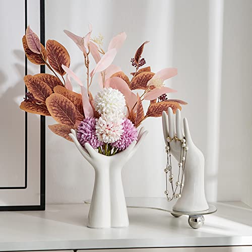 Fjs Ceramic Hand Flower Vase, White Vases For Decor, Unique Flower Vase Decorative For Table Floral Centerpieces Modern Nordic Style Bedroom Kitchen Living Room Office Desk #TOP4