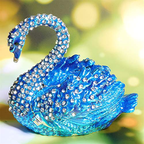 Waltz&F Diamond Blue Swan Trinket Box Hinged Hand-Painted Figurine Collectible Ring Holder #TOP4