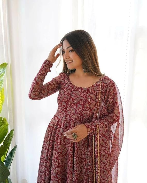 Image of DIGAMBARA Digital Floral Printed Georgette Anarkali Gown for Women, Ethnic Wear, Fit and Flare Georgette Dresses with Dupatta for Womens and Girls, Maroon