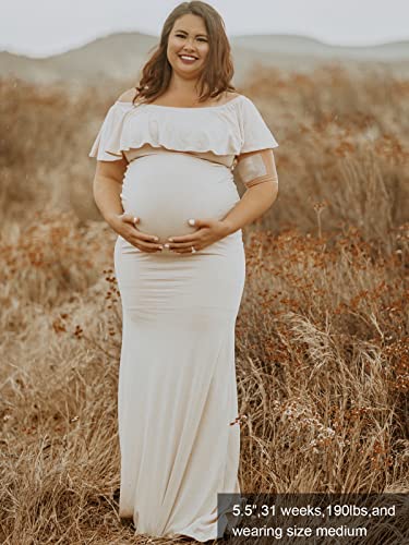 Glampunch Womens Off Shoulder Maternity Dress Ruffles Elegant Slim Gowns Fit Maxi Photography Dress Beige #TOP1