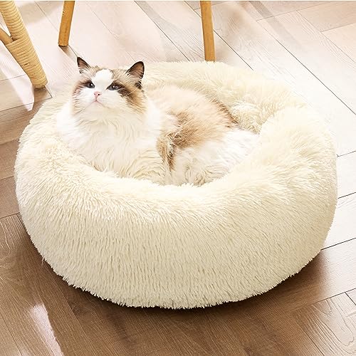 Image of Bedsure Calming Cat Beds Donut Round Washable Kitten Bed,20 inches Cream | Fluffy Faux Fur Cuddler,Machine Washable,Anti-Slip Bottom,Anti-Anxiety,Deep Sleeping for Cats&Small Pets Up to 15 Lbs